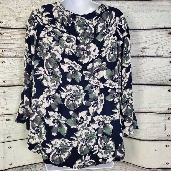 Fun2Fun 2X Navy Green White Floral Long Sleeve Button Blouse - Picture 4 of 8